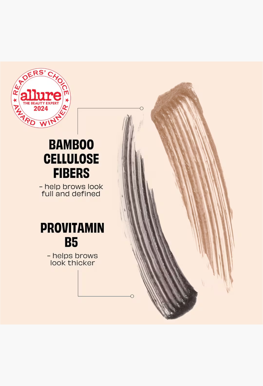 GLAM MODA Benefit Gimme Brow+ gel swatches showing bamboo cellulose fibers and provitamin B5 for thicker brows.