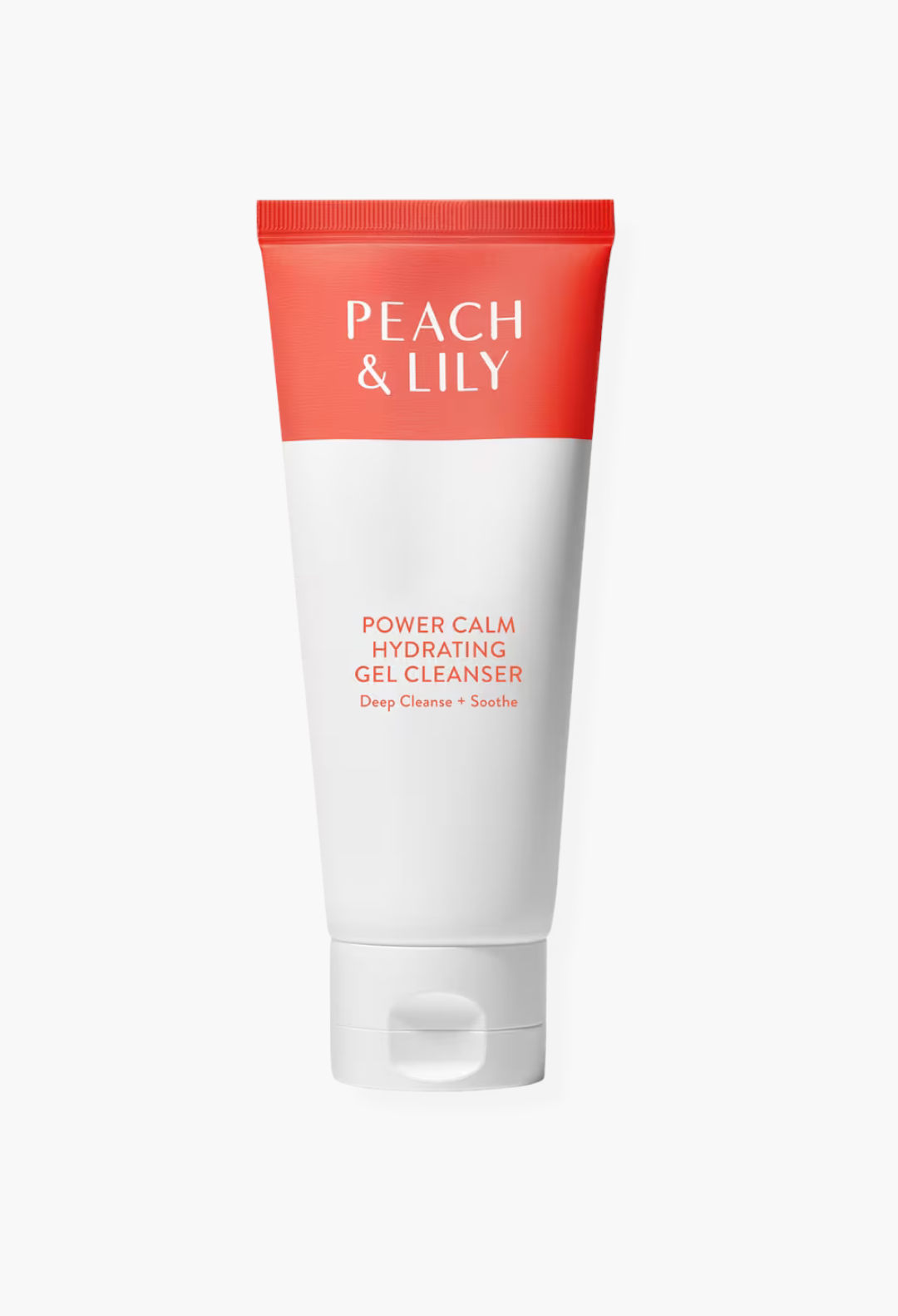 GLAM MODA Peach & Lily Power Calm Hydrating Gel Cleanser in a white and orange squeeze tube for gentle face washing.