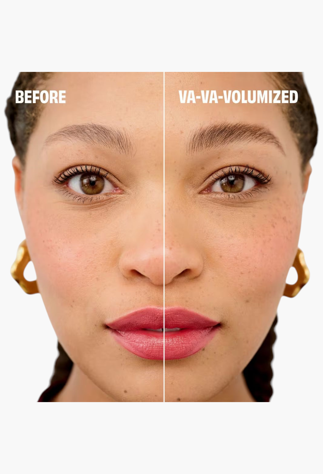 GLAM MODA before and after comparison of Benefit Gimme Brow+ tinted volumizing eyebrow gel on a woman's face