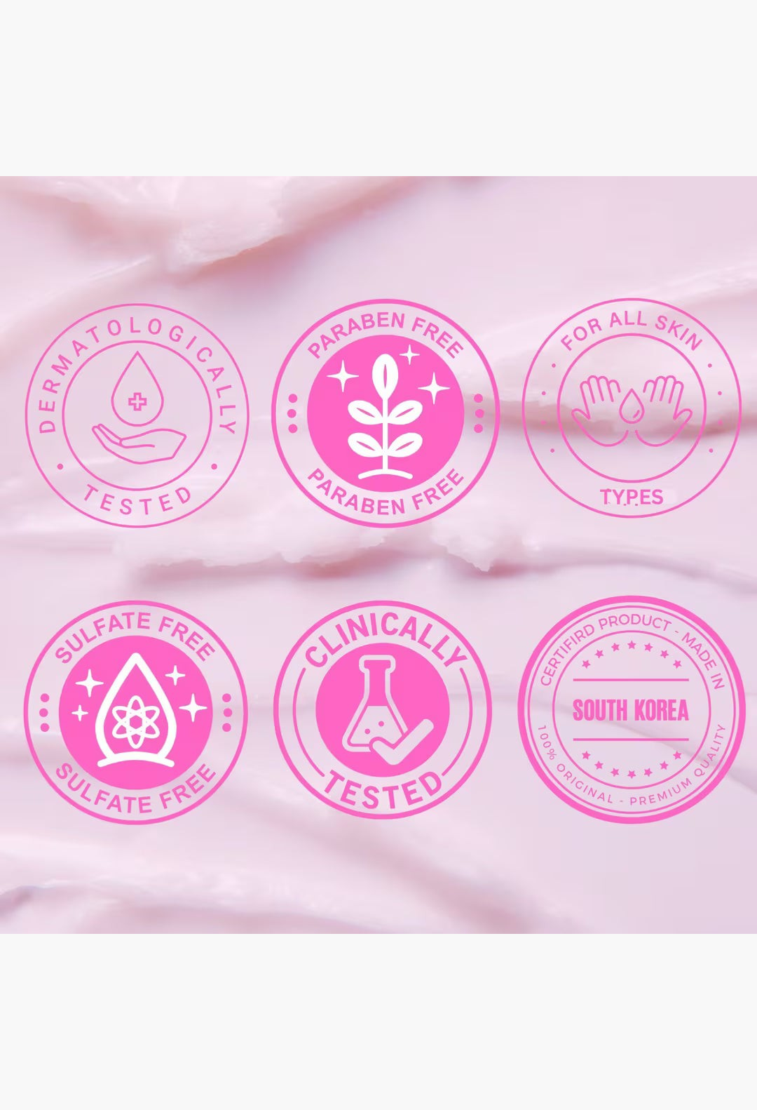 GLAM MODA pink circular icons highlighting Clean It Zero features like dermatologist tested, paraben free, and vegan.