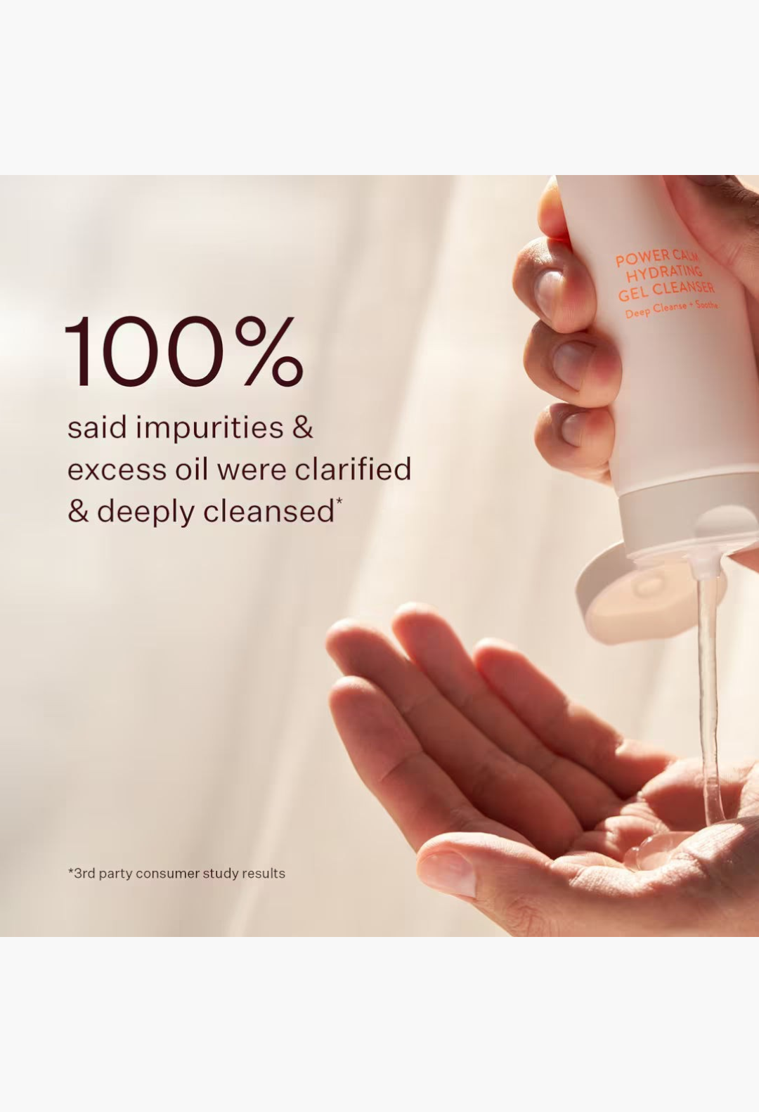 GLAM MODA Power Calm Hydrating Gel Cleanser being dispensed into a hand, showing the clear gel texture.
