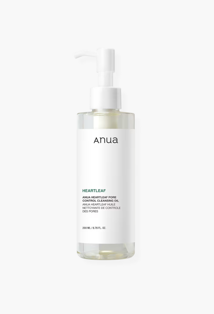GLAM MODA Anua Heartleaf Pore Control Cleansing Oil in a clear 200ml pump bottle for removing makeup and sebum.