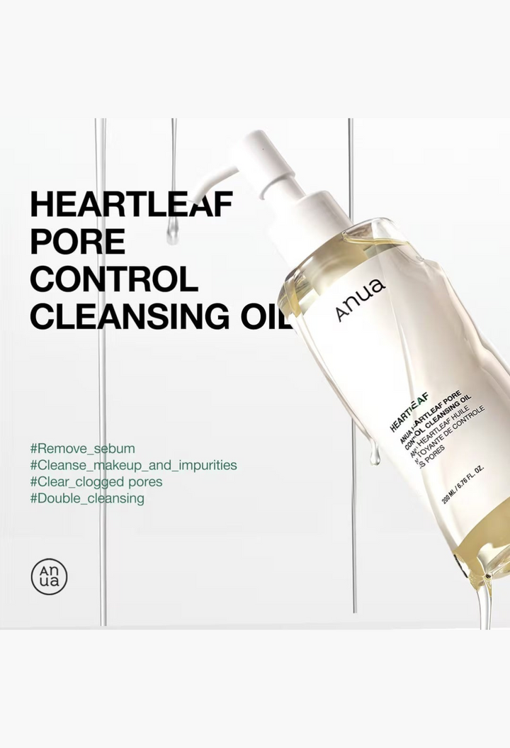 GLAM MODA Anua Heartleaf Pore Control Cleansing Oil in a clear pump bottle for removing makeup and excess sebum.