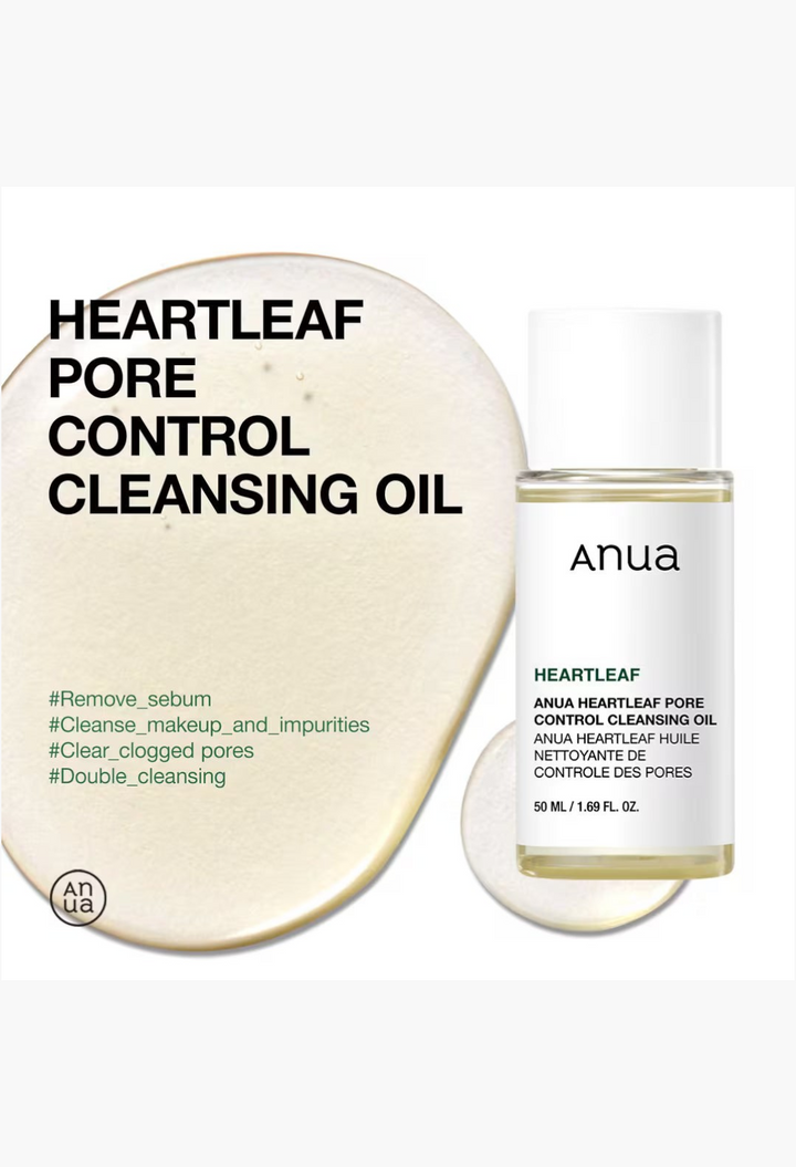 GLAM MODA Anua Heartleaf Pore Control Cleansing Oil bottle with a golden oil splash background for skincare routine