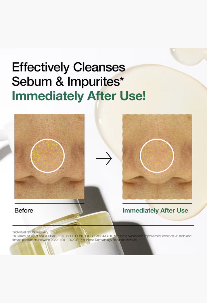 GLAM MODA Anua Heartleaf Pore Control Cleansing Oil before and after comparison showing reduced sebum on nose skin