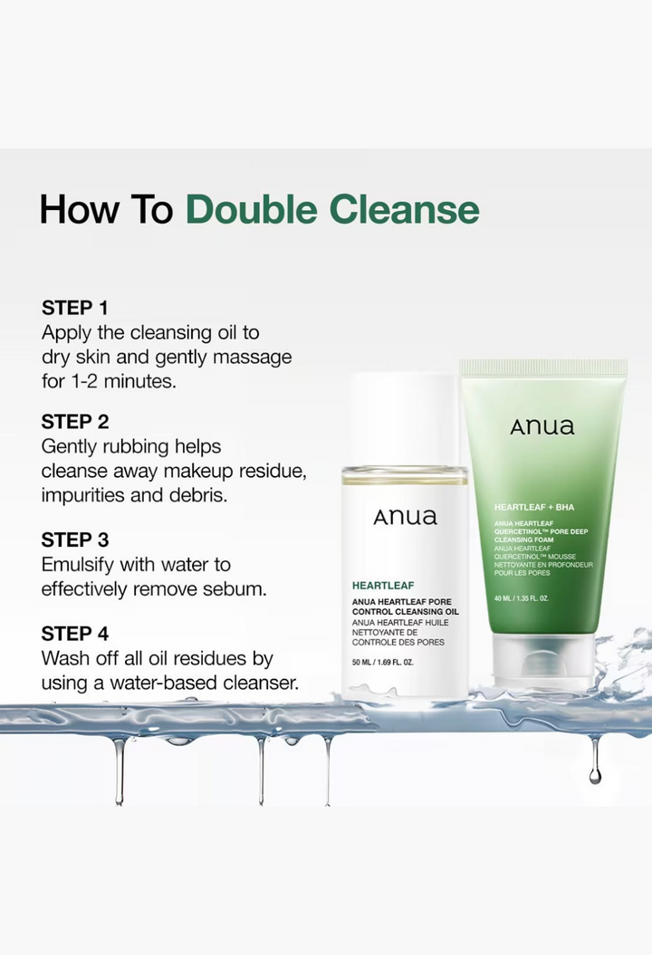 GLAM MODA Anua Heartleaf cleansing oil and pore deep foam cleanser with double cleansing instructions on white background