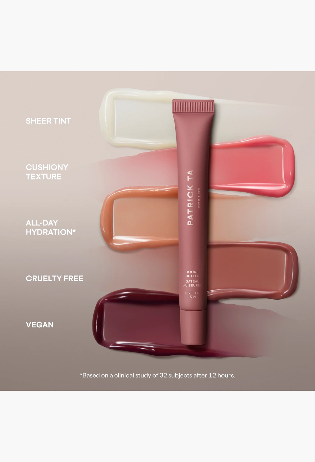 GLAM MODA Mini Major Moisture Smoothing Lip Balm tube displayed with four distinct sheer, high-shine colour swatches.