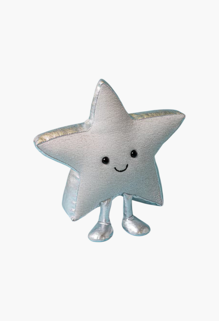 GLAM MODA Amuseables Silver Star plush toy made of glittery jersey with metallic sides and a smiling face.