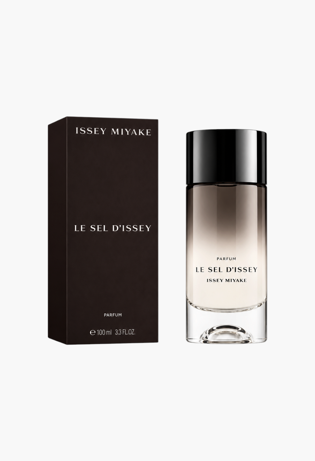 GLAM MODA Issey Miyake Le Sel Parfum bottle and dark box packaging, featuring a woody-marine-leather scent for men.
