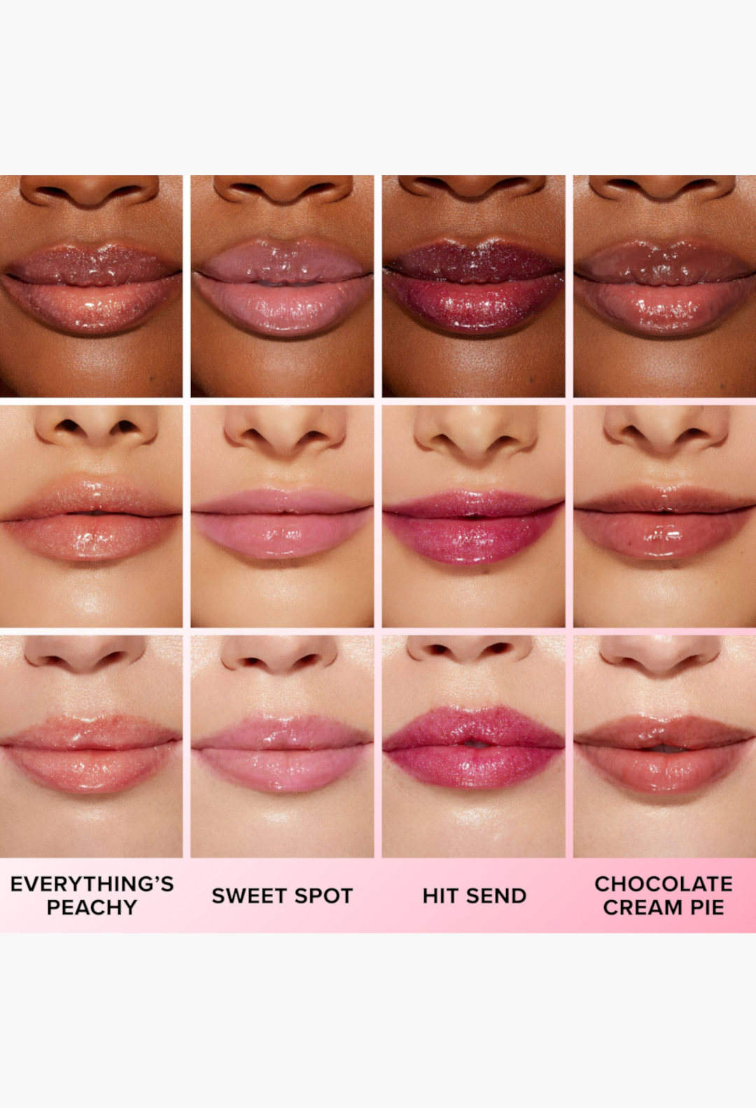 GLAM MODA Lip Injection Power Plumping Lip Gloss swatches showing various high-shine shades on lips