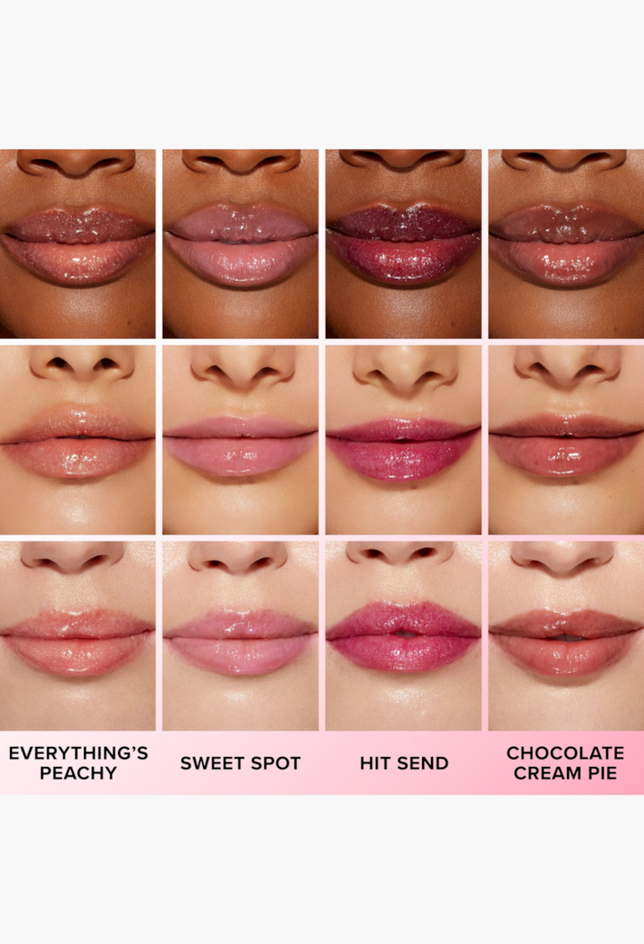 GLAM MODA Lip Injection Power Plumping Lip Gloss swatches showing various high-shine shades on lips