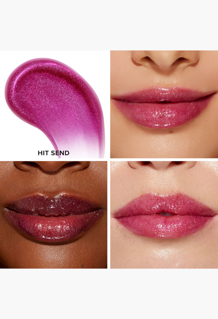 GLAM MODA Lip Injection Power Plumping Lip Gloss in Hit Send shade showing a deep fuchsia sparkly swatch and application