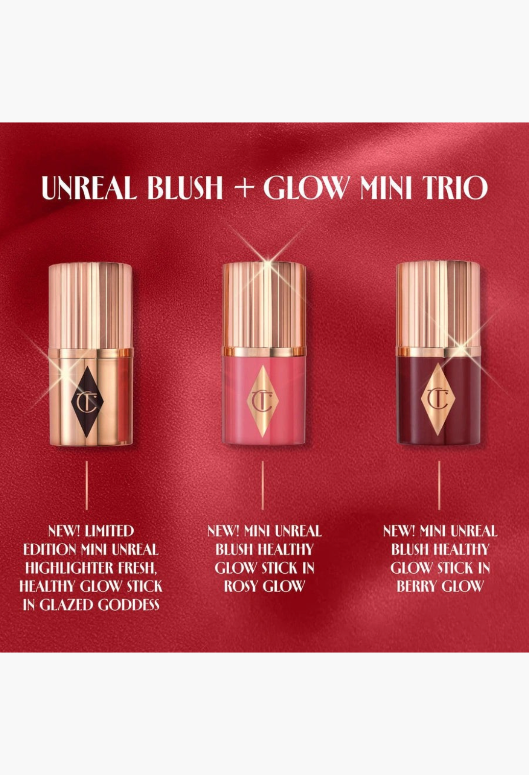 GLAM MODA Charlotte Tilbury Mini Unreal Blush + Glow Trio featuring three mini healthy glow sticks in various shades.