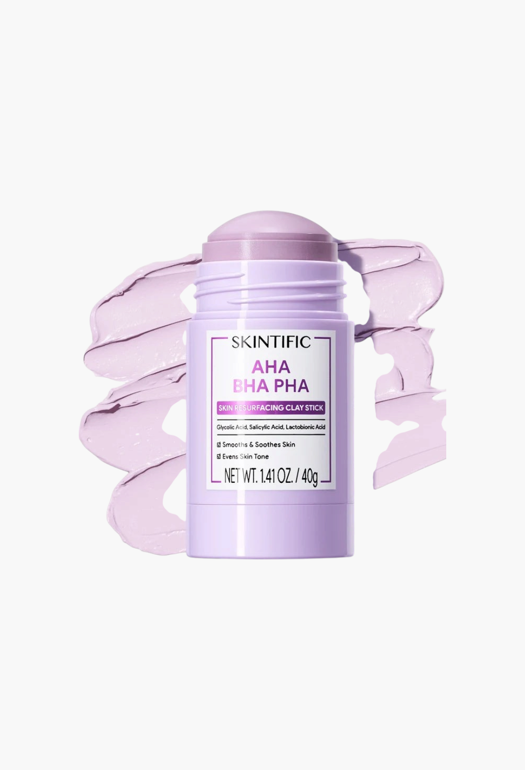 GLAM MODA Skintific AHA BHA PHA clay stick mask in a light purple tube with a creamy lavender clay texture swatch.