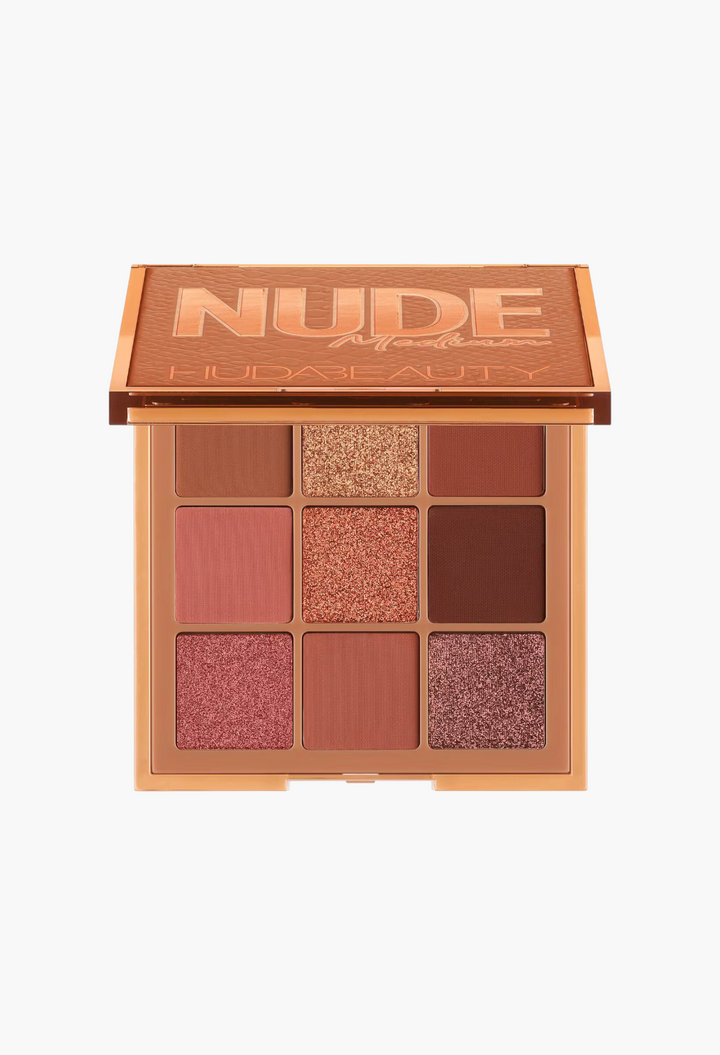 GLAM MODA Huda Beauty Nude Medium Obsessions eyeshadow palette featuring 9 warm brown, copper, and rose gold shades.