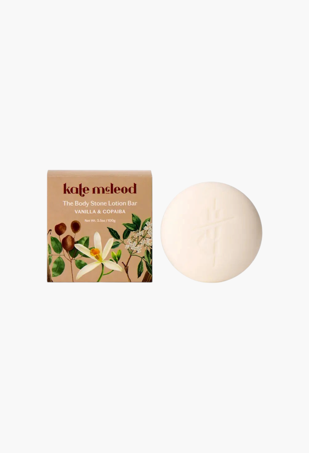 GLAM MODA Vanilla & Copaiba Body Stone lotion bar with its botanical illustrated packaging box on a white background.
