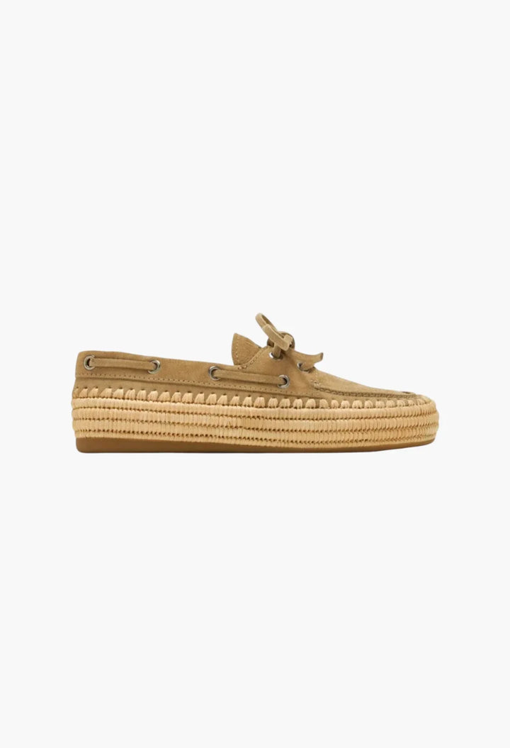 Ecru - Suede And Raffia Boat Shoes