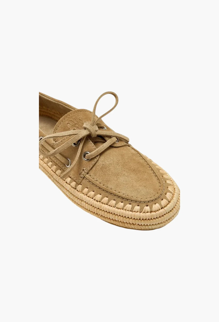 Ecru - Suede And Raffia Boat Shoes