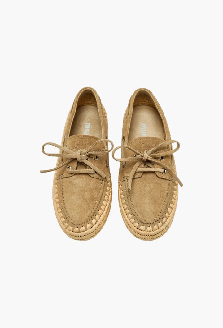 Ecru - Suede And Raffia Boat Shoes