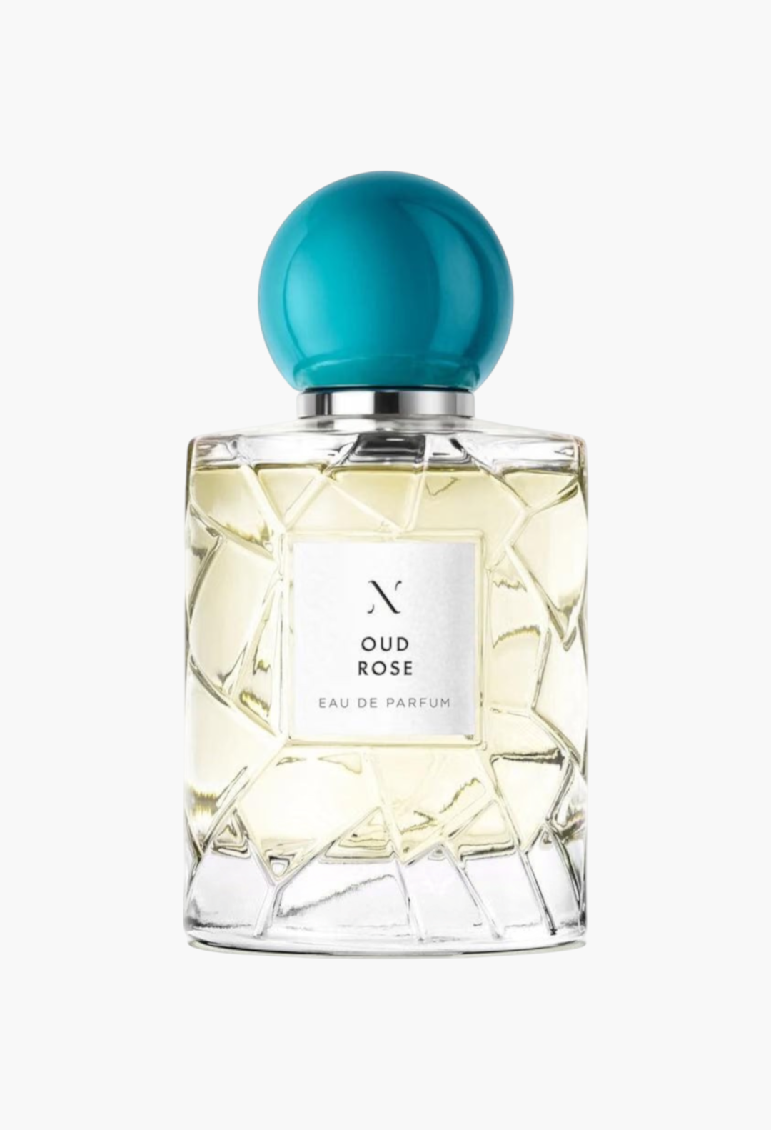 GLAM MODA Les Soeurs de Noe Oud Rose Eau de Parfum in a clear glass bottle with a textured design and teal cap.