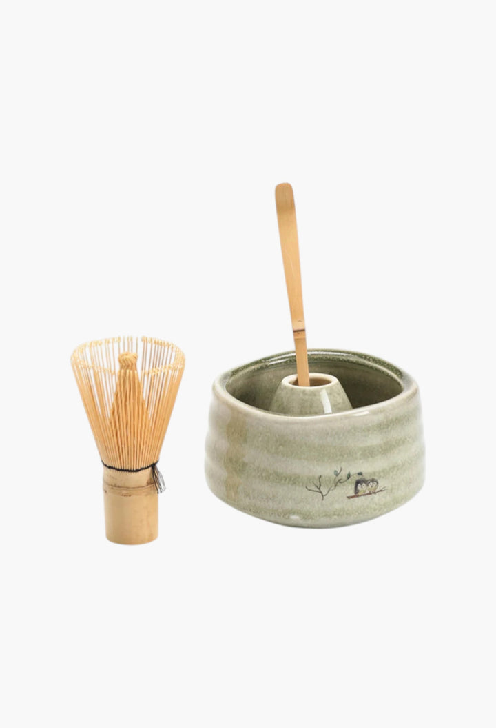 Cute Owl Ceramic Chawan With Bamboo Whisk And Chasen Holder Matcha Tea Ceremony Set - GLAM MODA