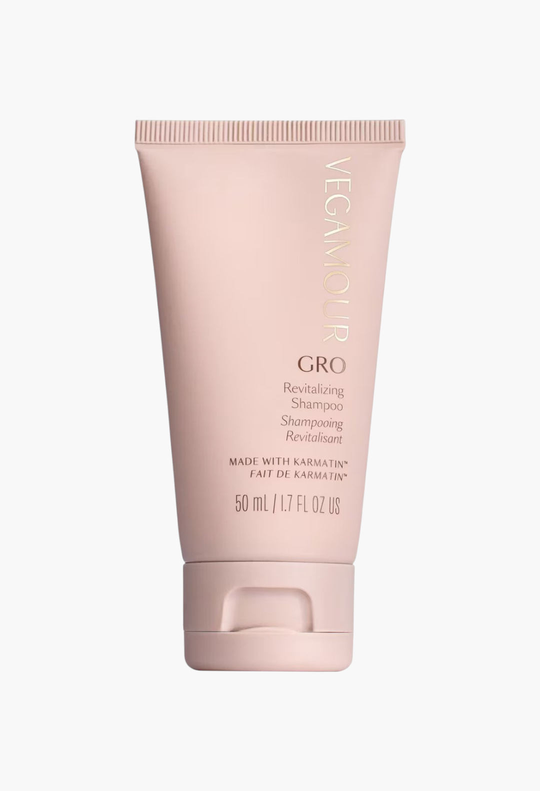 GLAM MODA VEGAMOUR GRO Revitalizing Shampoo in a light pink 50ml squeeze tube for thinning hair.