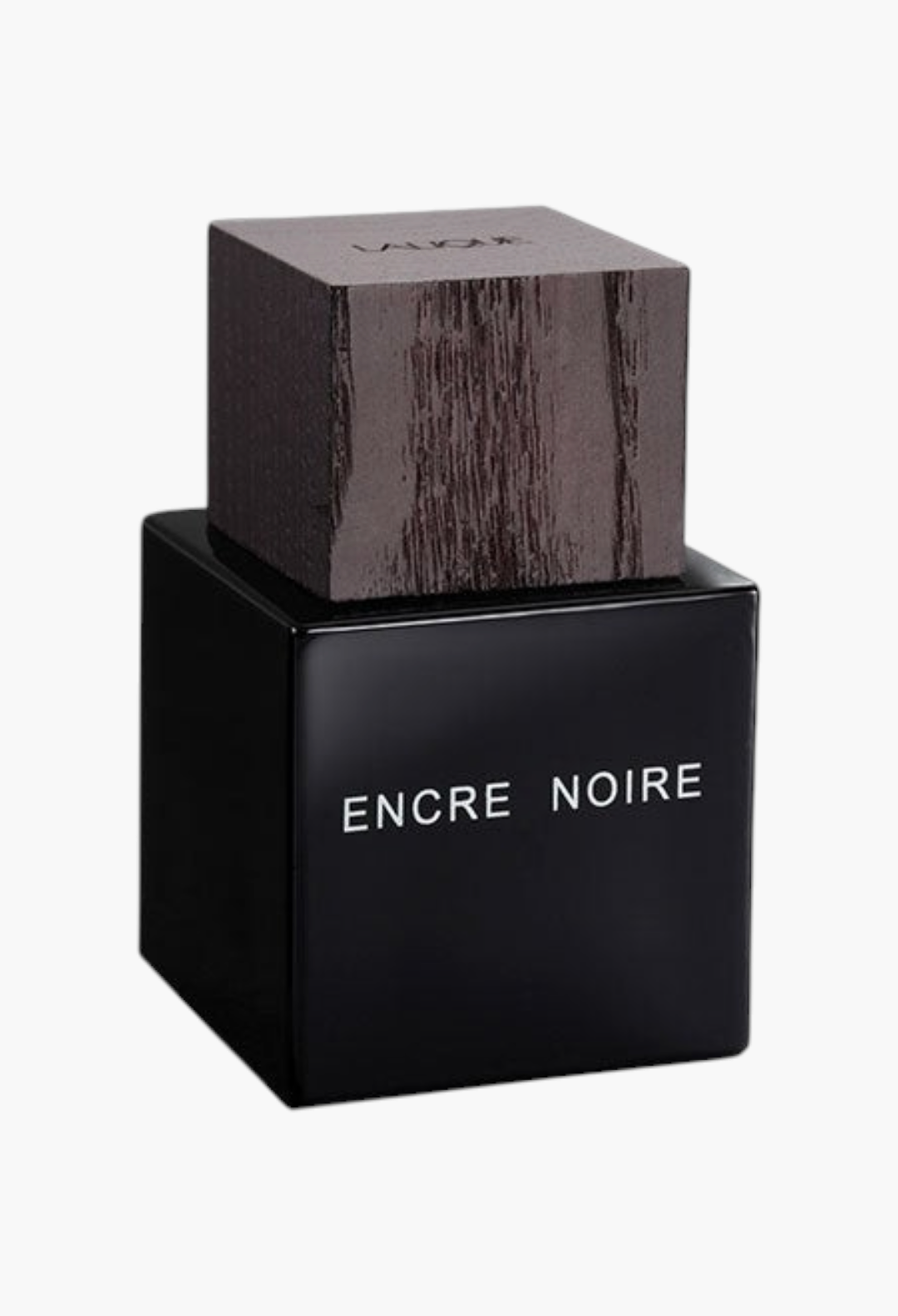 GLAM MODA Lalique Encre Noire men's eau de toilette in a sleek black glass bottle with a dark wooden cap