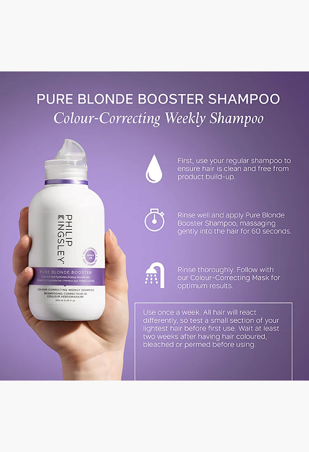 GLAM MODA Philip Kingsley Pure Blonde Booster Shampoo bottle held in hand with usage instructions on purple background