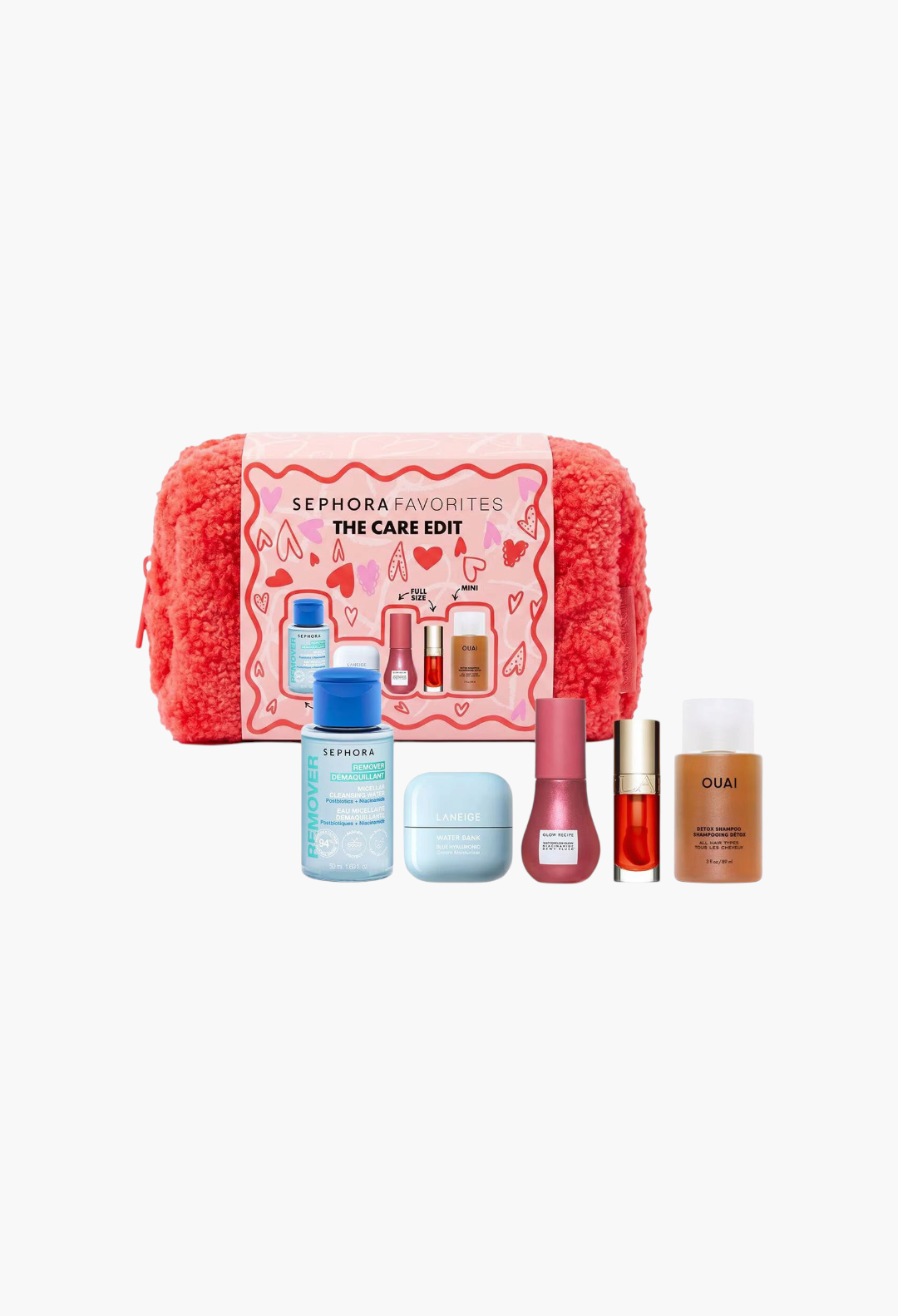 GLAM MODA The Care Edit skincare and haircare set featuring five beauty products in a red fuzzy cosmetic bag