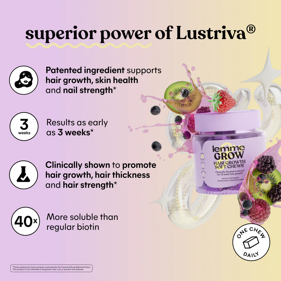 Lemme Grow Soft Chews - Hair Growth & Skin Support - Clinically Studied Lustriva - Mixed Fruit Flavor - GLAM MODA