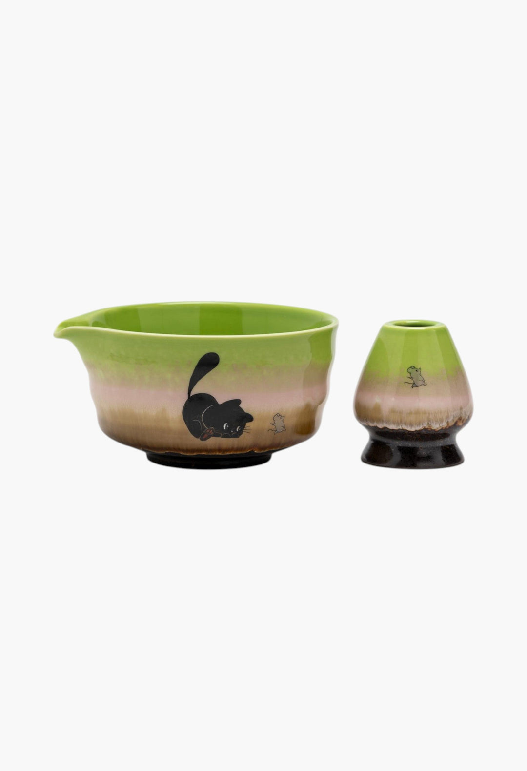 Hand-Painted Cat And Rat Ceramic Matcha Bowl Set With Bamboo Whisk And Chasen Holder Matcha Tea Ceremony Set - GLAM MODA