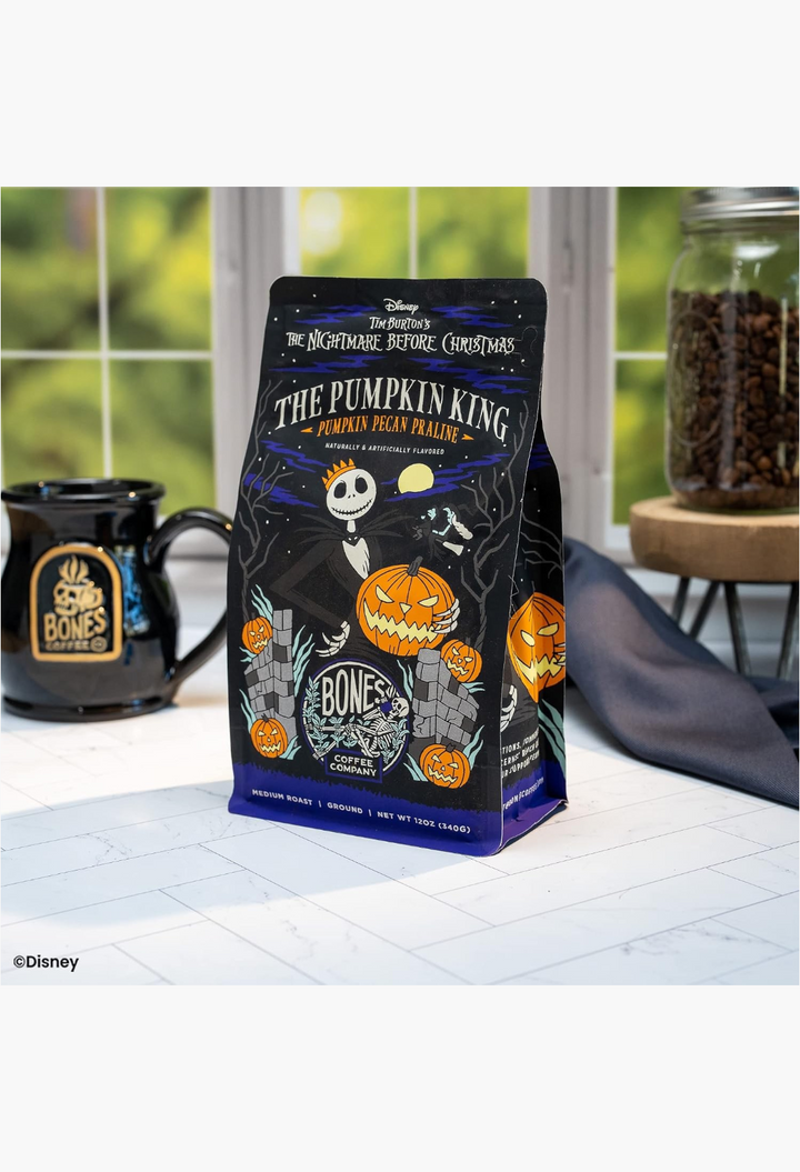 GLAM MODA Bones Coffee Company Pumpkin King medium roast ground coffee bag featuring The Nightmare Before Christmas art