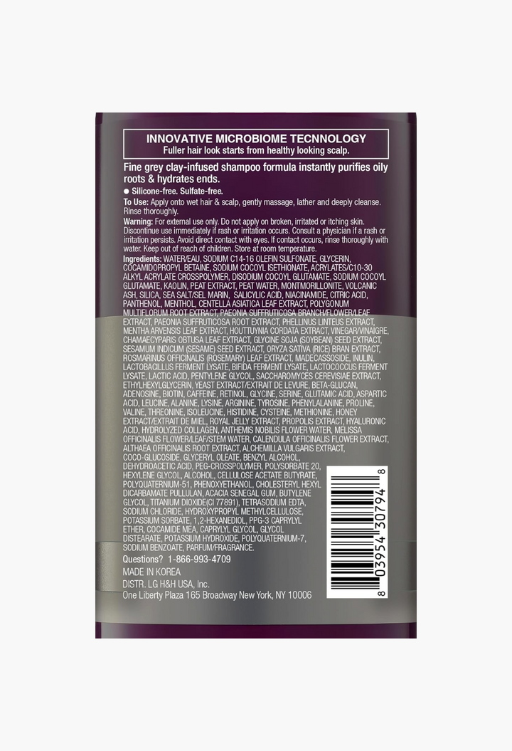 GLAM MODA Dr. Groot scalp revitalizing shampoo bottle back label with ingredients list and product information
