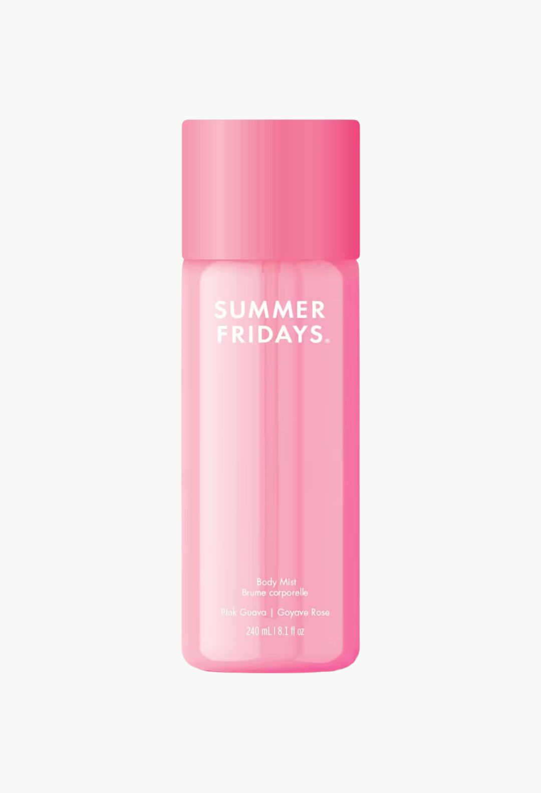 GLAM MODA Summer Fridays Pink Guava body fragrance mist in a bright pink translucent spray bottle