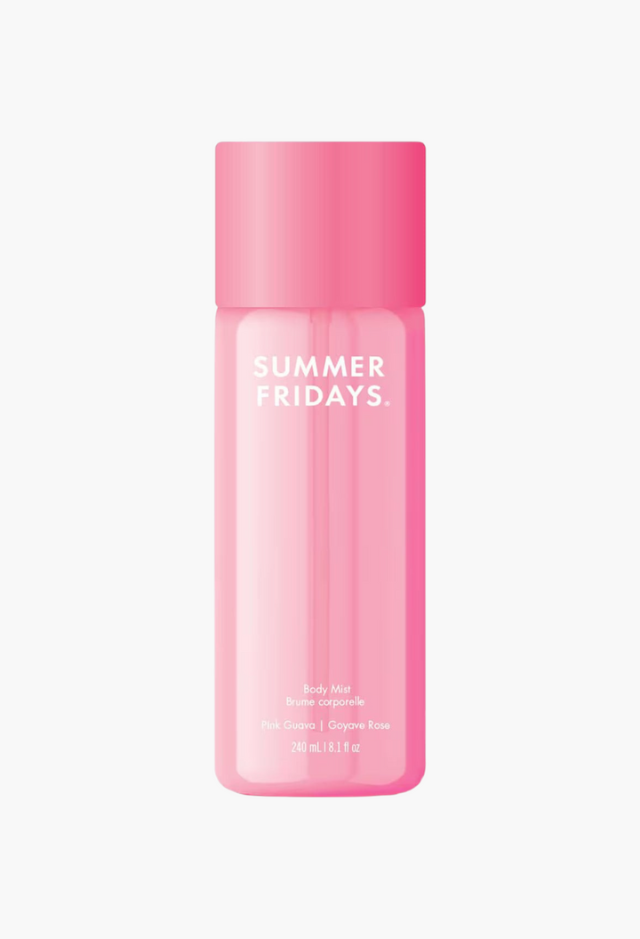 GLAM MODA Summer Fridays Pink Guava body fragrance mist in a bright pink translucent spray bottle