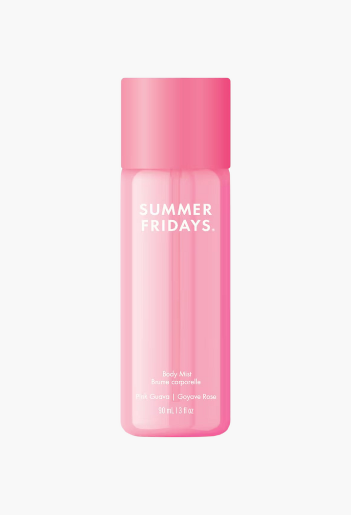 GLAM MODA Summer Fridays Pink Guava body fragrance mist in a translucent pink spray bottle with a matching pink cap.
