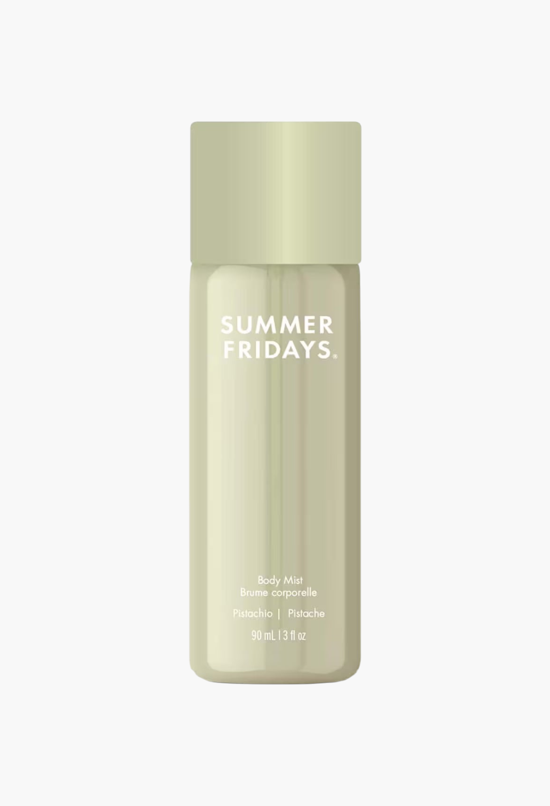 GLAM MODA Summer Fridays Pistachio Milk body fragrance mist in a light green 90ml spray bottle.