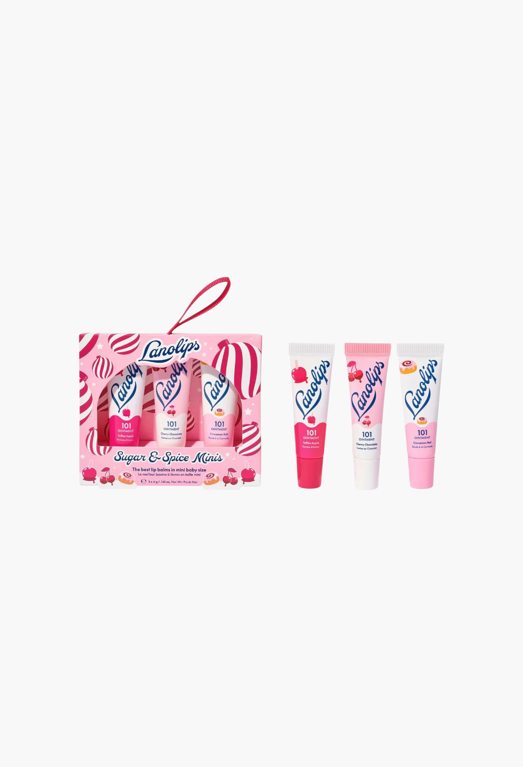 GLAM MODA Lanolips Sugar & Spice Minis set featuring three flavoured 101 Ointment lip balms in festive packaging.