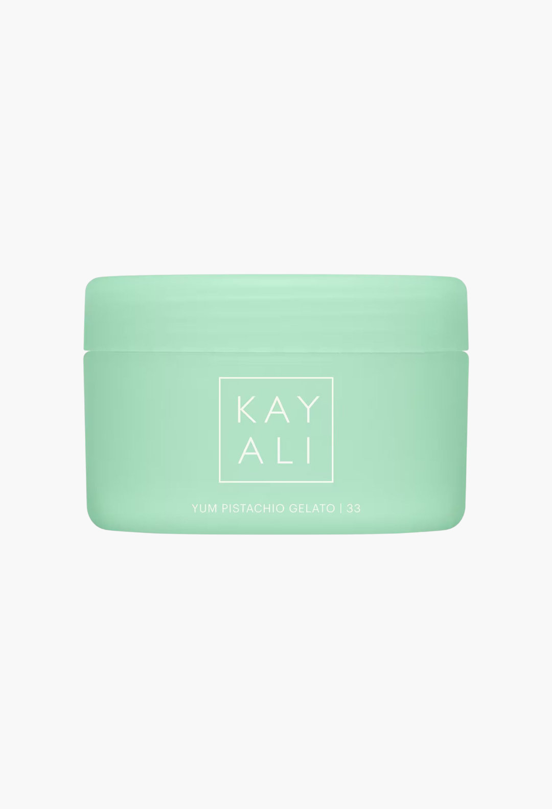 GLAM MODA KAYALI Yum Pistachio Gelato 33 Silk Soufflé Body Cream in a light green jar with white branding.