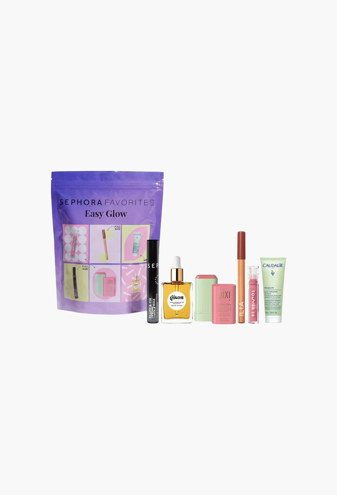 GLAM MODA Easy Glow beauty set featuring skincare, lip, brow, and hair products in a purple Sephora Favorites pouch.