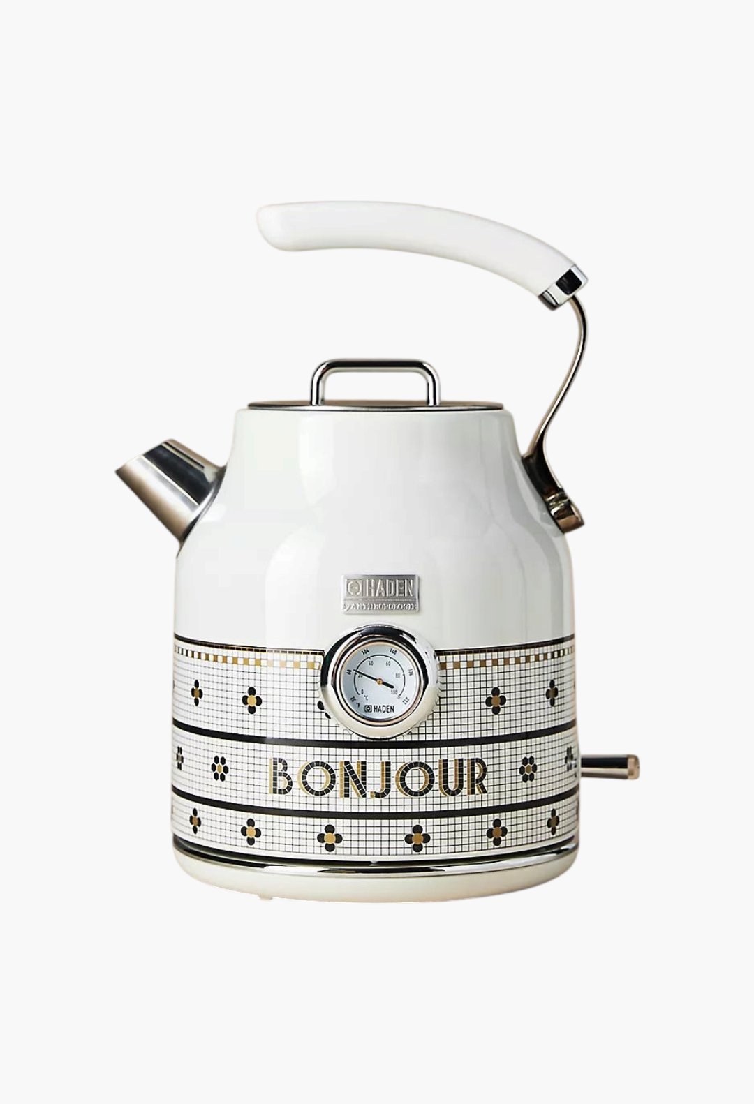 GLAM MODA Bistro Tile electric kettle by Haden in white with 24k gold accents and Bonjour text on a neutral background