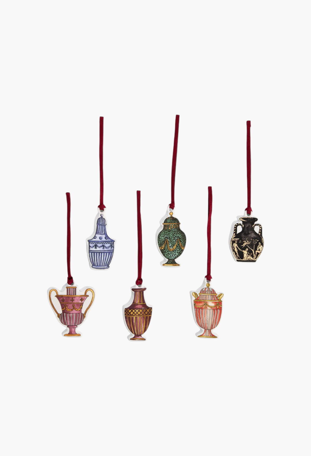 GLAM MODA set of six decorative bone china vase ornaments with red ribbons featuring classic Wedgwood archive designs.
