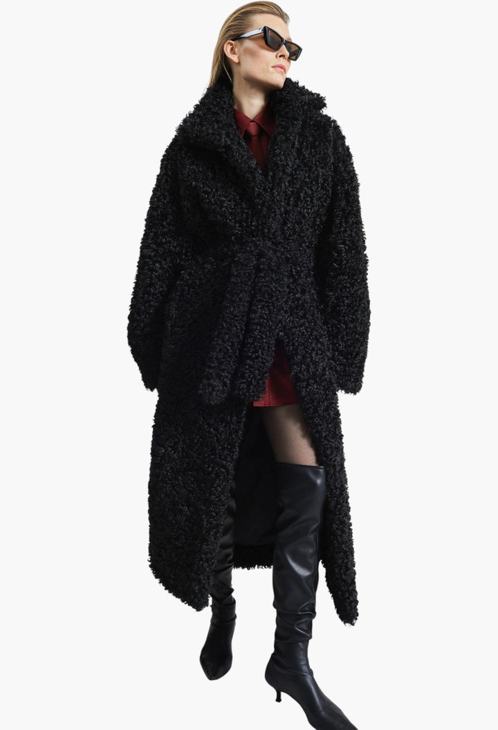 Ravello Faux Shearling Robe Coat - Black - GLAM MODA
