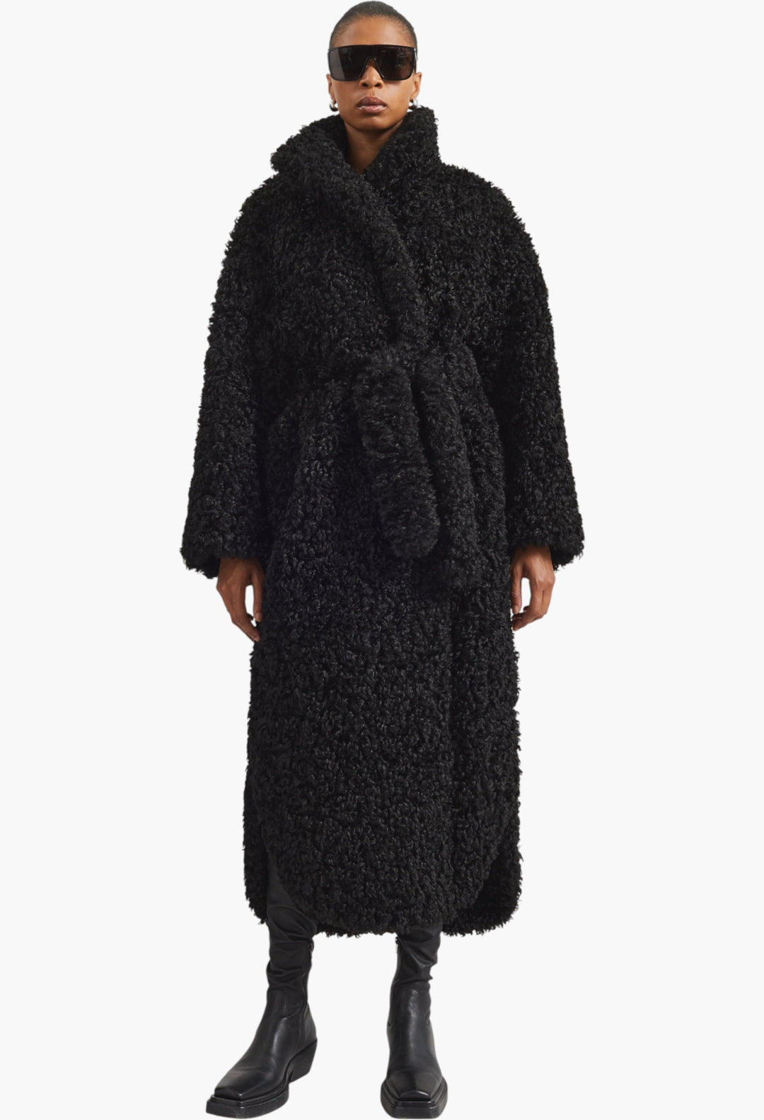 Ravello Faux Shearling Robe Coat - Black - GLAM MODA