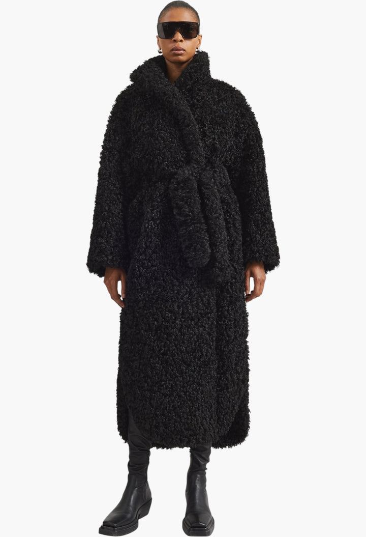 Ravello Faux Shearling Robe Coat - Black - GLAM MODA