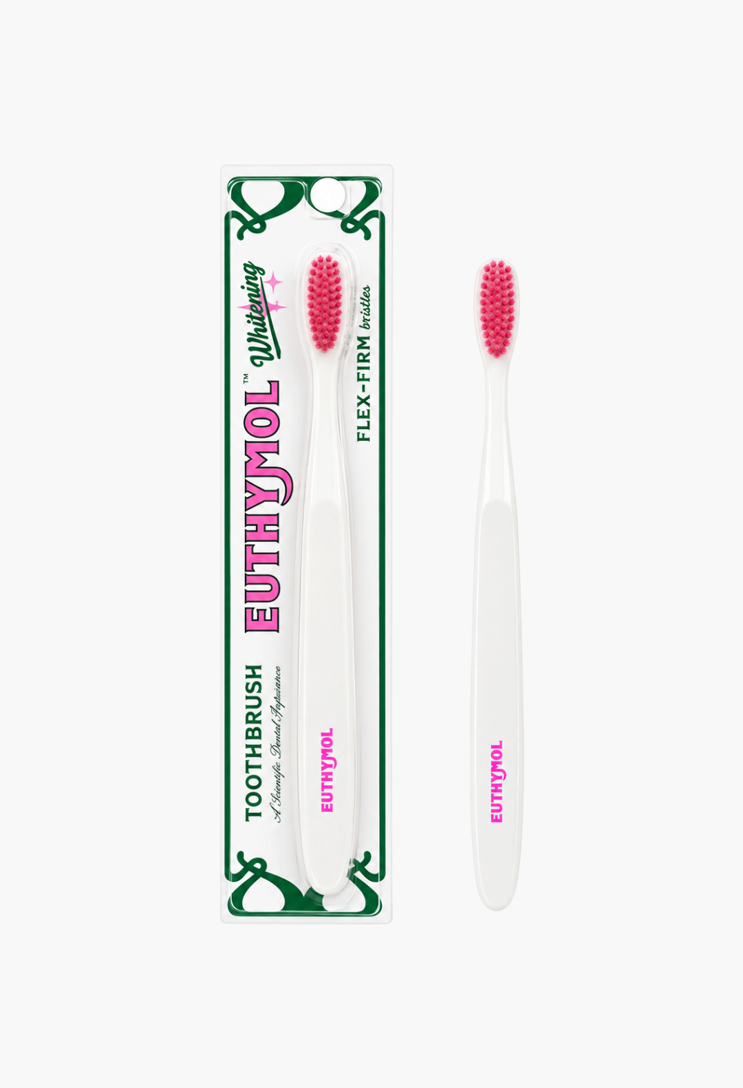 GLAM MODA Euthymol whitening toothbrush with white handle and bright pink firm bristles in original retail packaging