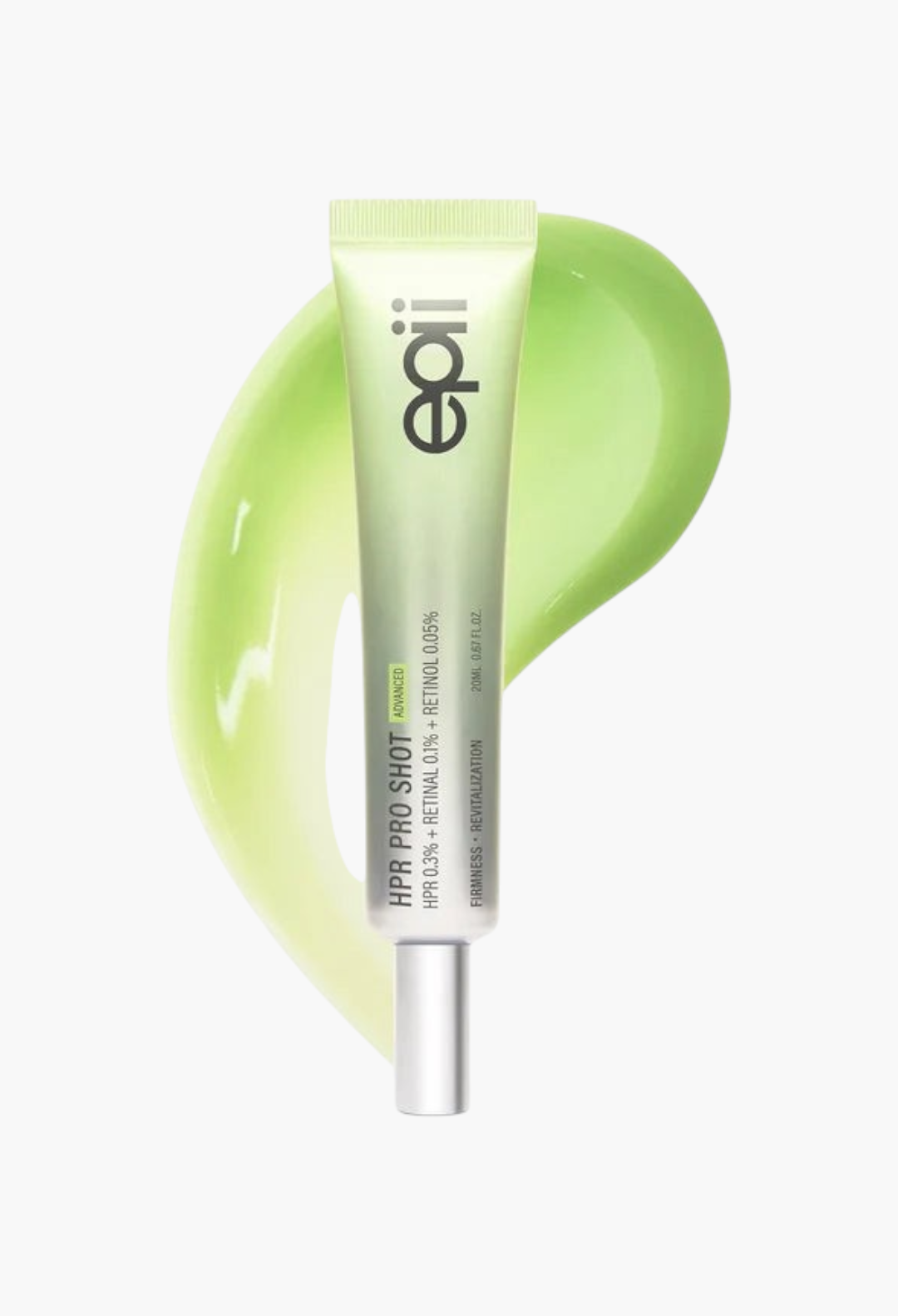 GLAM MODA Epii HPR Pro Shot 3-Retinoid serum in a light green tube with a vibrant green cream swatch background.