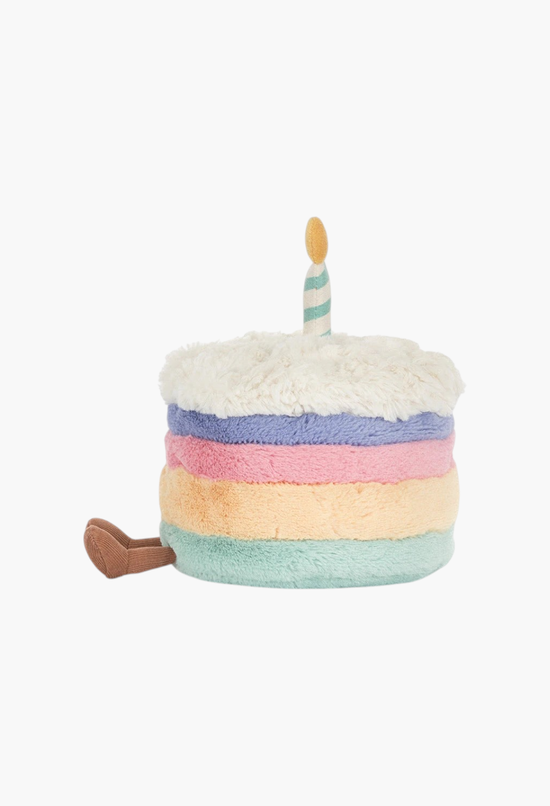 GLAM MODA Amuseables rainbow birthday cake plush toy with soft pastel layers, a single candle, and corduroy legs.