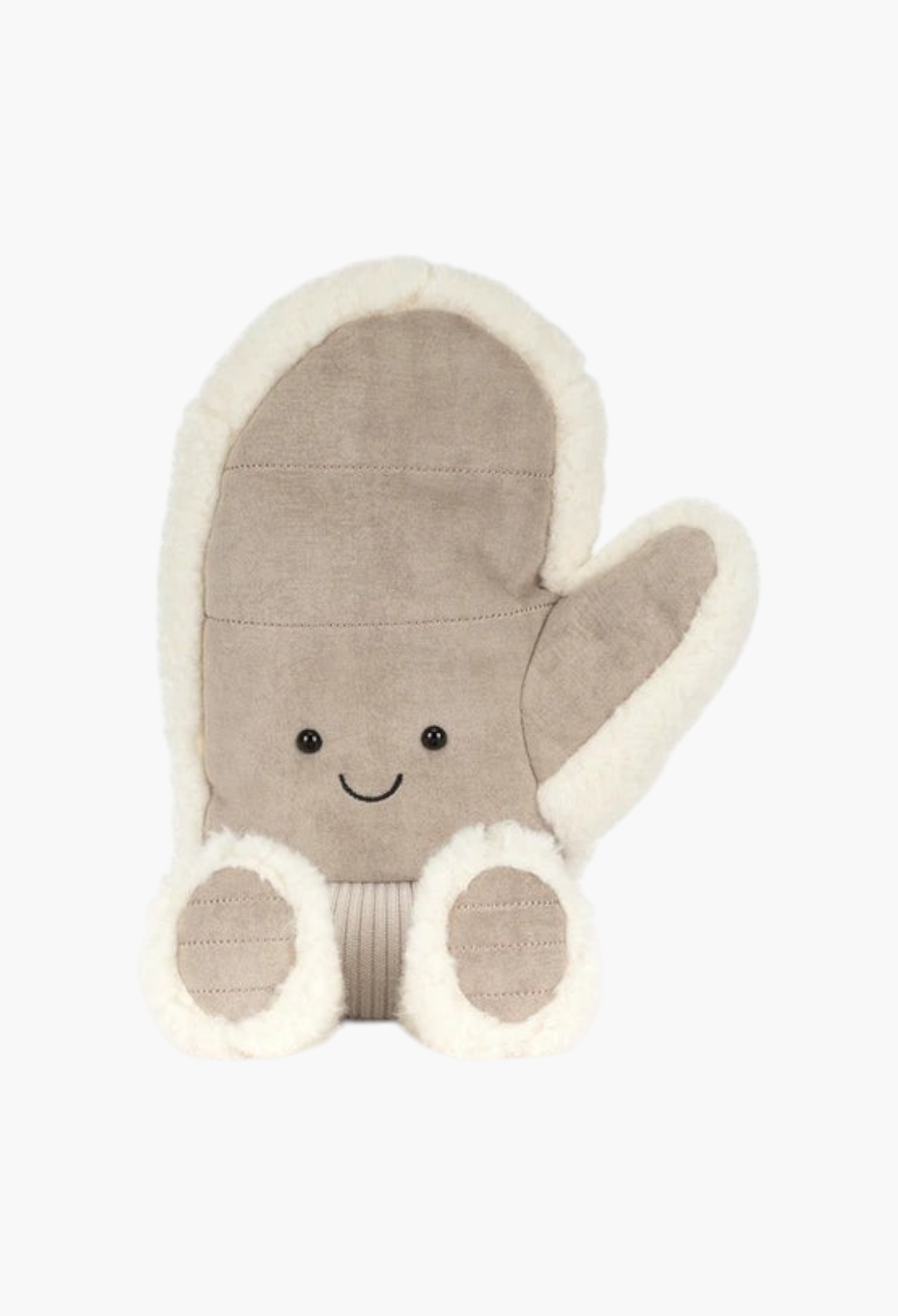 GLAM MODA Amuseables Fitswell Mitten plush toy in taupe suede with cream faux fur trim and a cute smiling face.