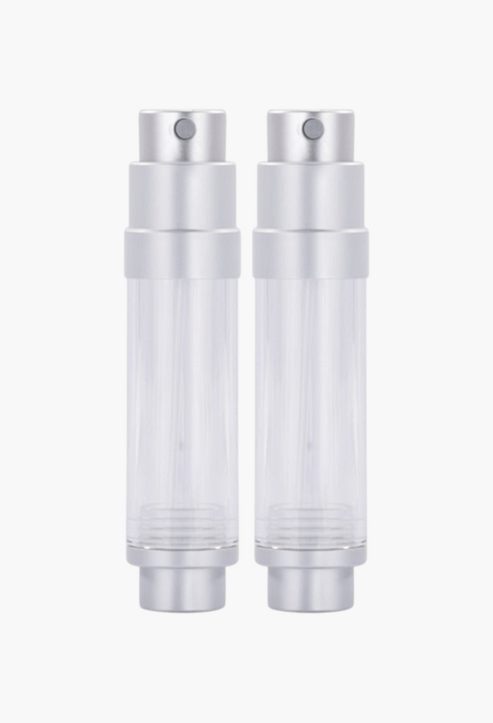 GLAM MODA set of two silver refillable perfume atomizers with clear 5ml spray bottles for travel